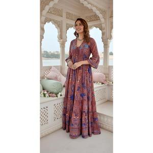 ชุดเดรสยาวพิมพ์ลายชาติพันธุ์สำหรับผู้หญิง แขนยาว คอวี สไตล์โบฮีเมียน ชุดเดรสแบบอินเดียดั้งเดิม ชุดลำลองสำหรับงานเทศกาล - Product Image 1