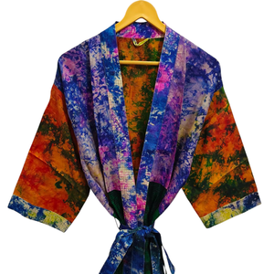 Seda Tie Dye Kimono Sari Robe Vestido de novia Vestido de maternidad Regalo Robe Beach Party Wear Indian Printed Silk Sari Kimono, - Product Image 1