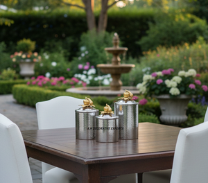 Handcrafted Eco-Friendly Europe Style Stainless Steel Hammered Silver Finish Food Storage <b>Canisters</b> with Gold Pumpkin Top - Product Image 1