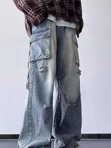 Pantalones vaqueros rasgados Retro personalizables para hombre, pantalones holgados rectos de pierna ancha Hip-hop Y2K, nuevos pantalones vaqueros de moda de talla grande - Product Image 2