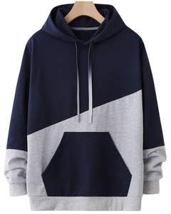 Sudadera con Capucha Unisex en Bloques de Color Azul Marino y Gris Claro, Sudadera Informal de Forro Polar, Sudadera con Capucha Cálida de Invierno con Bolsillo Tipo Canguro - Product Image 1