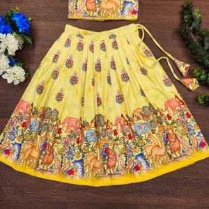 Conjunto de Lehenga Choli de Fiesta para Niñas de Shoryam Fashion, Amarillo Vibrante con Motivo Kalamkari, Estilo Chaniya Choli, Estilo Indio - Product Image 3
