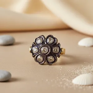 Anillo de Diamantes con Flor Chapado en Oro Sólido de 18K Estilo Vintage para Mujer, Corte Rosa, Color G Natural, Joyería de Compromiso - Product Image 2