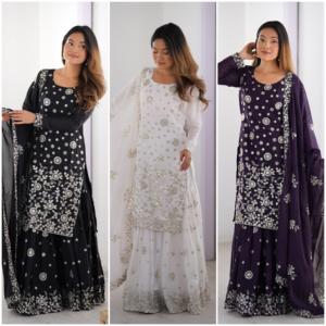 Nuevo Diseño Moderno de Salwar Kameez Sharara Palazzo con Georgette y Microtrabajo de Hilo y Lentejuelas, de Secado Rápido, para Vestimenta Modesta - Product Image 1