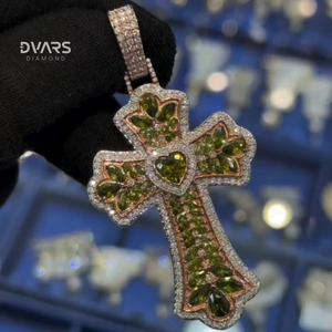 Custom Luxury Moissanite Diamond <b>Cross</b> Pendant Fully Iced Green CZ Rhodium Plated Claw Setting 925 Sterling Silver <b>Charm</b> - Product Image 2