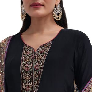 Set di Palazzo Kurta in raso ricamato nero all'ingrosso abbigliamento etnico da donna OEM fornitore di abiti da festa personalizzati - Product Image 4