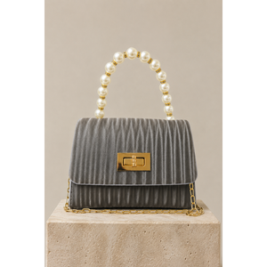 Bolso de mano y bandolera de cuero con correa de cadena adornada con perlas y cuentas, color gris - Product Image 2