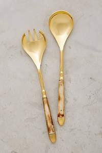 Decorative brass salad server pair with floral <b>engraving</b> and classic styling for use in Indian weddings or pooja meals - Product Image 3