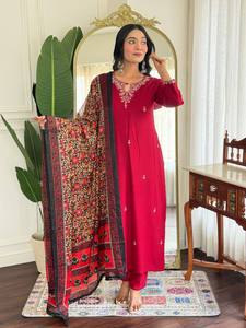 Trendy Designer Indian Pakistani Heavy Rayon Salwar Suit Latest Exclusive Maroon Embroidered kurti set Wedding Festive Wear - Product Image 4