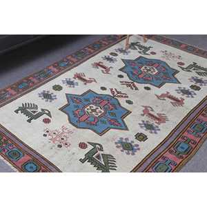 Alfombra turca de 5x7.1 pies, alfombra vintage, alfombra de lana con motivos de plantas y árboles en azul y rojo. - Product Image 1