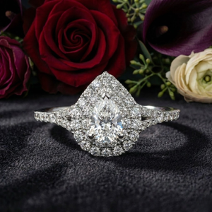 Anillo de oro macizo de 18 quilates con diamantes naturales, engaste en blanco, hombro dividido, corte pera, semimontura, halo de doble nivel para compromiso - Product Image 3