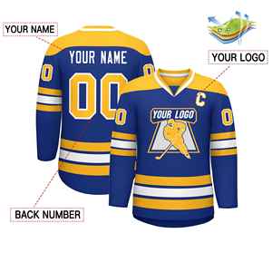 Maillot de hockey personnalisé, vêtements d'équipe, bleu marine, orange, blanc, rayé, col en V, numéros et lettres cousus, logo, design, tailles adultes et jeunes - Product Image 2