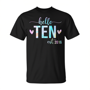 T-shirt per il 10° compleanno Hello Ten Est 2016 per ragazze e ragazzi, abbigliamento promozionale personalizzabile per bambini di 10 anni - Product Image 2