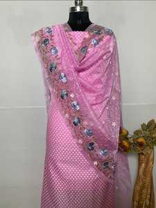 Custom Made Brocade Silk <b>Fabric</b> Dress Materials in Grey Color With Floral Embroidered Scarves Ideal for Resale - Product Image 6