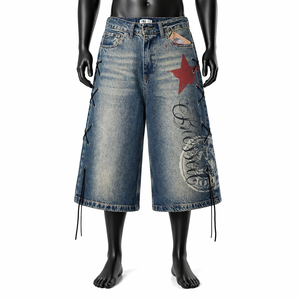Pantalones cortos de mezclilla con cordones para hombre, estilo holgado, con estampado de estrellas, hasta la rodilla, estilo urbano, OEM al por mayor - Product Image 1