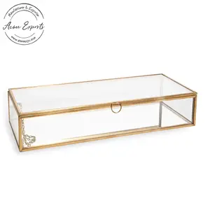 Luxe Kwaliteit Lange Rechthoekige Transparante Glazen Juwelendoos Met Goud Afgewerkt Metalen Frame Voor Sieraden Opslag Tafelblad