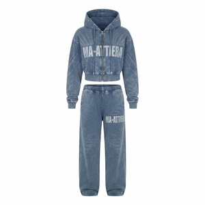 Women <b>Cropped</b> <b>Zip</b> <b>Up</b> <b>Hoodie</b> and Wide Leg Sweatpants Two Piece Acid Wash Rhinestone Tracksuit Set - Product Image 4