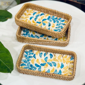 Plateau en rotin fait main avec incrustation de coquillages nacrés, adapté au service, à la présentation et à la décoration intérieure - Product Image 6