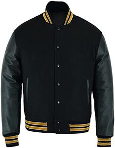 New Varsity Letterman <b>Baseball</b> <b>Bomber</b> <b>Jacket</b> - Vintage Solid Black Wool with Multi-Trim Leather Sleeves - Product Image 1