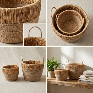 Ensemble de paniers en jonc de mer naturel et écorce de bananier avec cadre en fer, bord festonné, poignée arquée, pour bols, pots et jardinières, décoration artistique pure pour la maison - Product Image 2