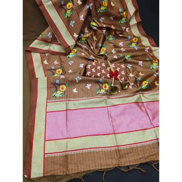 Hint geleneksel moda ara sıra giyimli yumuşak Tussar ipek güzel kelebek baskılı Saree püsküller hint ihracatçı