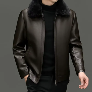 Manteau en cuir à col en fourrure pour homme, hiver, nouveau, épaissi, chaud, col en fourrure amovible, veste en cuir décontractée pour homme, vestes pour homme - Product Image 3