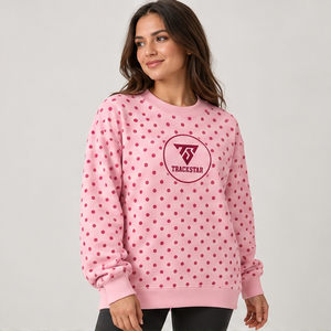 Women's Blush <b>Pink</b> Crewneck <b>Sweatshirt</b> with Dark Rose Allover Polka Dots Long Sleeve Trackstar OEM Private Label - Product Image 3