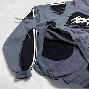 Sweat-shirt à capuche surdimensionné pour homme, gris, design déchiré, streetwear, coton, molleton français, logo sur le devant, poche, coupe classique, vêtements d'automne - Product Image 4