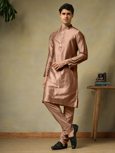<b>Men</b> Brown Cotton Silk Kurta <b>Pajama</b> <b>Set</b> | Breathable Solid Regular Fit Summer Casual Designer Ethnic Wear for Festive & Daily Use - Product Image 6