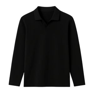 Camiseta Polo de Manga Larga con Cuello Redondo Negro para Hombre, Personalizada, de Alta Calidad, sin Botones, Cuello en V, Tejida, Informal, Ajustada - Product Image 4