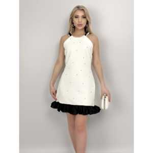 Vestido de satén con diseño sin mangas, cintura natural, pedrería y dobladillo con volantes - 4008 - Product Image 1