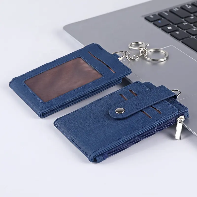 PU anti-texture work card holder with lanyard keychain multi-slot foldable work badge easy-pull buckle hang tag