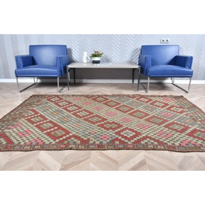 4.9x7.5 ft Vintage Area Rug, <b>Red</b> Blue Turkish Patchwork <b>Wool</b> Rug - Product Image 3