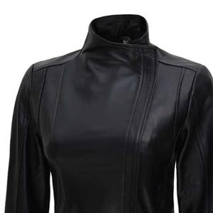 Genuine Sheep Skin <b>Leather</b> Quilted Varsity <b>Jacket</b> for Women in Black Solid Pattern <b>Long</b> Sleeves Zipper Pocket Plain Dyed Autumn - Product Image 3