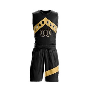 Ensemble de maillot de basket-ball unisexe noir et or sans manches, col en V, imprimé par sublimation, évacuation de l'humidité, taille élastique, adulte - Product Image 1