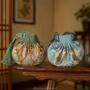 高級手作り100%シルク絹織刺繍ジュエリーポーチ |   オリエンタルアートギフトバッグ - Product Image 6