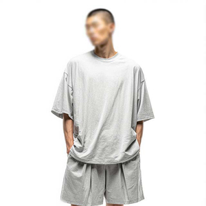 Two Pieces <b>Lounge</b> Wear for <b>Men</b> Private Label Solid Colour <b>Short</b> Sleeve Summer <b>Shorts</b> and T Shirts Sets 100% Cotton - Product Image 6