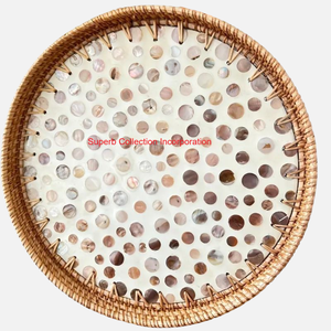 Plateau de service rond en rotin de qualité fine avec incrustation de nacre élégant plateau de Table basse décoratif pour la décoration intérieure et le stockage - Product Image 4