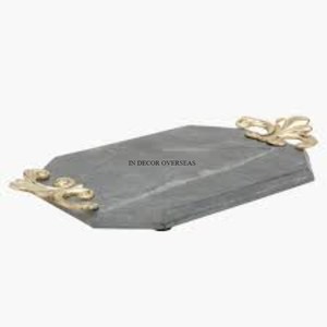 Bandeja de servicio de forma redonda de mármol de la mejor calidad con textura elegante única de Color gris con marco de Metal chapado en oro y suministros de asas - Product Image 4