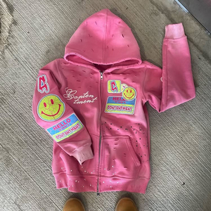 OEM personalizado de moda desgastado todo impreso salpicaduras de pintura bordado Patchwork Zip up Sudadera con capucha de los hombres - Product Image 1