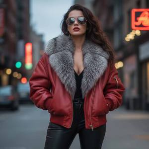 Chaqueta Bomber de Cuero Genuino para Mujer con Cuello de Piel de Zorro y Cierre de Cremallera, Cortavientos, Estilo Motero para Invierno - Product Image 2