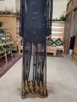 Robe de soirée vintage respirante à col en V, ornée de perles et de sequins, manches longues, longueur ras du sol, en tissu résille, avec broderies manuelles élaborées, par Silver Stone Designer