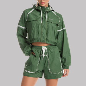 Conjunto de Chaqueta Cortavientos y Pantalones Cortos Lisos de Alta Calidad para Mujer, Chaqueta Cortavientos Personalizada con Media Cremallera y Pantalones Cortos, Conjunto de 2 Piezas para Mujer - Product Image 6