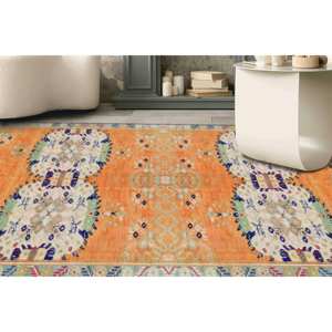 Orange Oushak Style <b>Rug</b>: Bohemian Turkish Decor Printed <b>Rug</b>,<b>Chenille</b> <b>Rug</b> - Product Image 1