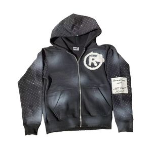 Sudadera con capucha de lavado ácido con cremallera cuadrada de gran tamaño Vintage bordada desgastada de alta calidad personalizada - Product Image 5