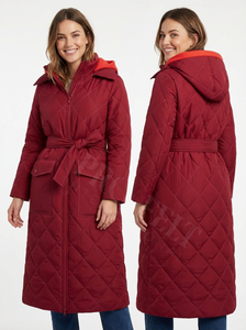 Whole Sale Cheap Price <b>Hooded</b> Quilted Winter <b>Coat</b> <b>Belted</b> Waist Warm Padded Jacket Zipper Closure Slim Fit Casual Quilted <b>Coats</b> - Product Image 5