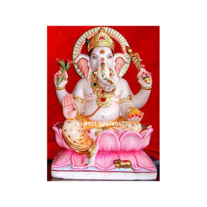 Statue de Ganesh en marbre blanc, produit artisanal indien très beau, finement poli, assis sur un lotus, pour la décoration de la maison - Product Image 1