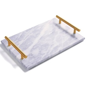 Plateau de service alimentaire en pierre de marbre blanc personnalisé de haute qualité fait à la main avec poignée en métal de luxe et décorative - Product Image 1