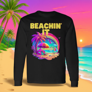 Camiseta promocional de manga larga a la moda con diseño de arcoíris de playa colorido de verano de los años 80 de Beachin It Retro - Product Image 3