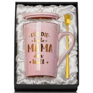 Regalo di Natale per la Mamma 'Per la Migliore Mamma del Mondo' Tazza in Ceramica con Coperchio e Cucchiaio 400ml Design Marmorizzato Confezione Regalo - Product Image 1